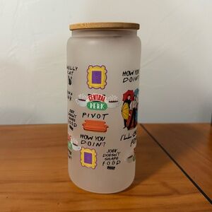 Friends 16oz Libbey Frosted Glass Cup Embossed Raised Detail bamboo lid NO STRAW